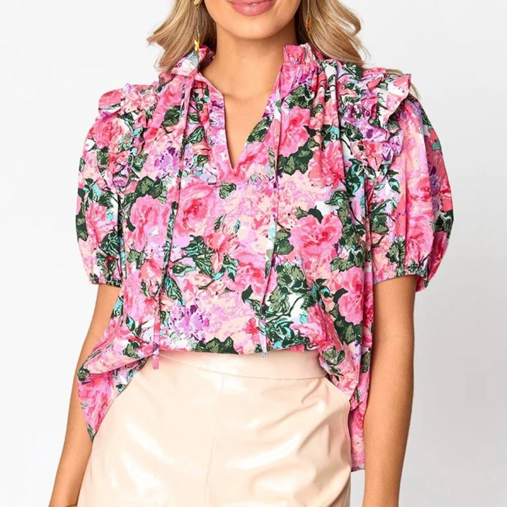 Buddy Love Essie Royalty Floral Ruffle Puff Sleeve Top Pink Size XL